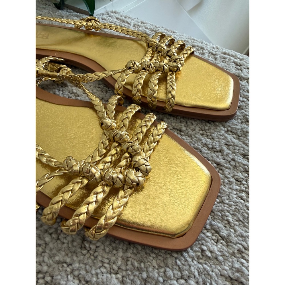NEW Zara Braided Flat Sandals 40 Gold Metallic Square Toe Strappy Knotted Chic 9 - Picture 3 of 8